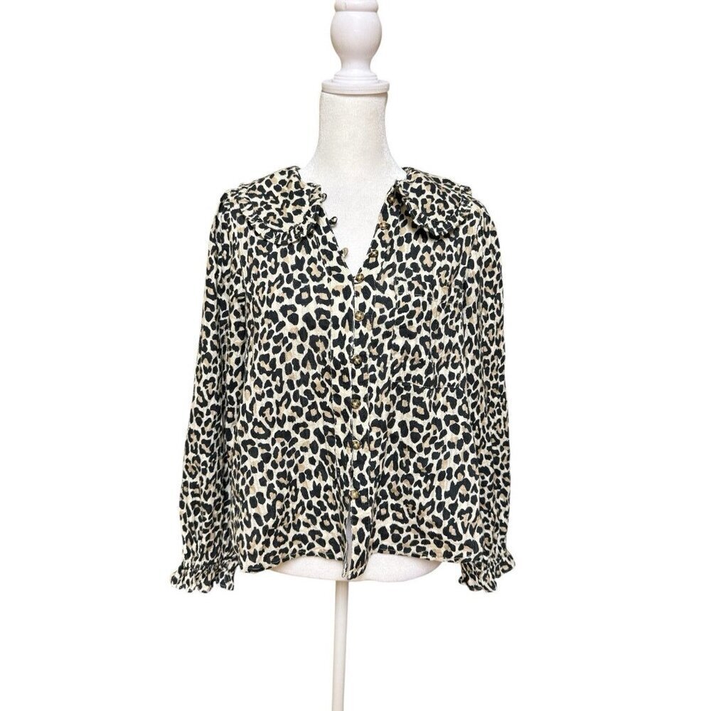 Pilcro Anthropologie Leopard Print Puff Sleeve Cotton Blouse S